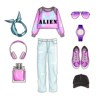 Fashion set of woman's clothes and accessories - baggy jeans, sneakers, perfume bottle, sweater, ear cuffs, hat, watch