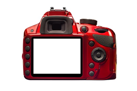 Horizontal shot of the back of a red camera with a blank screen on a white background.