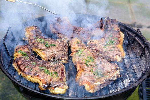 Roast beef, cooked in the outdoor barbecue in a rural location. Sauce: olive oil, salt, parsley.