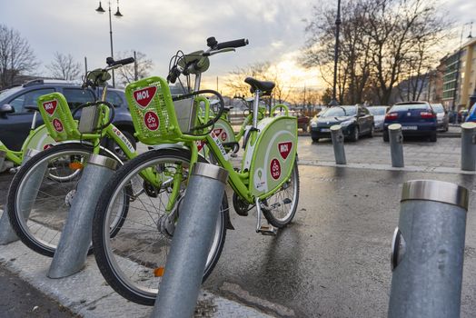 BUDAPEST, HUNGARY - FEBRUARY 02: Low angle shot of Bubi, Budapest's bicycle hire scheme. February 02, 2016 in Budapest.
