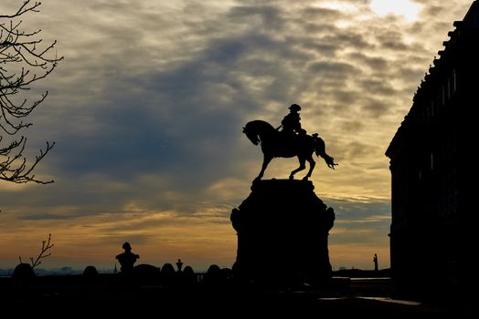 BUDAPEST, HUNGARY - FEBRUARY 02: Silhouette of statue of Prince Eugene of Savoy, at the entrance of Buda Castle. February 02, 2016 in Budapest.