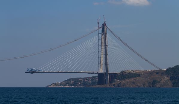 Construction of Yavuz Sultan Selim Bridge over Bosphorus Strait in North of Istanbul, Turkey