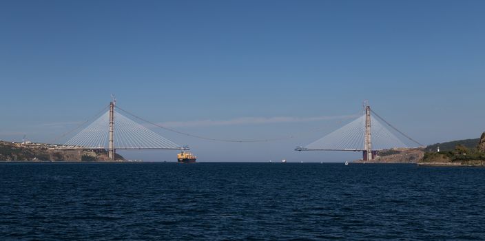 Construction of Yavuz Sultan Selim Bridge over Bosphorus Strait in North of Istanbul, Turkey