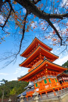Kiyomizu dera, orange pagoda in japnese temple in Kyoto, Japan, in fall.