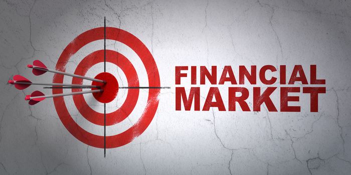 Success money concept: arrows hitting the center of target, Red Financial Market on wall background