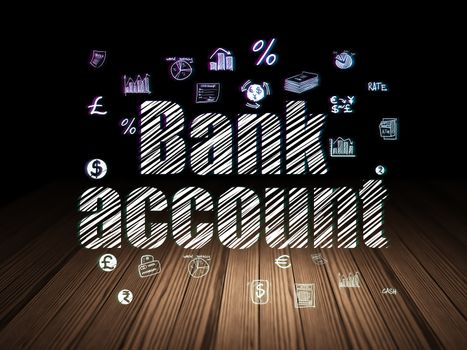 Banking concept: Glowing text Bank Account,  Hand Drawn Finance Icons in grunge dark room with Wooden Floor, black background