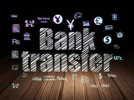 Currency concept: Glowing text Bank Transfer,  Hand Drawn Finance Icons in grunge dark room with Wooden Floor, black background