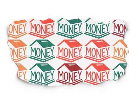 Currency concept: Painted multicolor Money Box icons on Torn Paper background