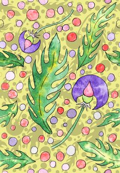 Seamless watercolor hand-drawing, fantasy plants. Flowers and leaves