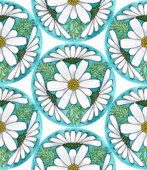 Chamomile, seamless watercolor hand-drawing a mandala, a circular pattern