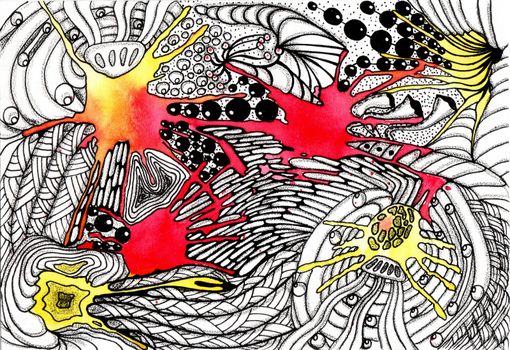 Picture Space abstraction. Hand drawing watercolor and ink. Doodles and zentangle