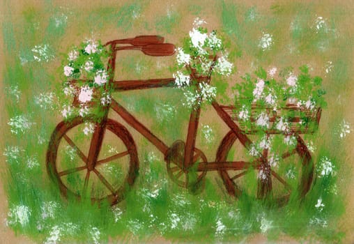 Hand drawing of an old bike. Rusty, overgrown with grass. Acrylic and kraft paper.