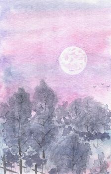 Watercolor landscape moonlit night, lilac sky, winter forest