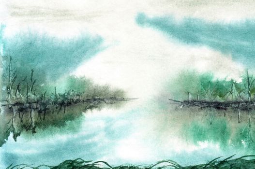 Watercolor landscape Lake before sunrise. Forest on the shore, reflection, clouds