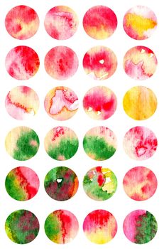 Set of 24 watercolor backgrounds in a circle. Background bubbles. Hand drawing watercolor. Beautiful watercolor stains.