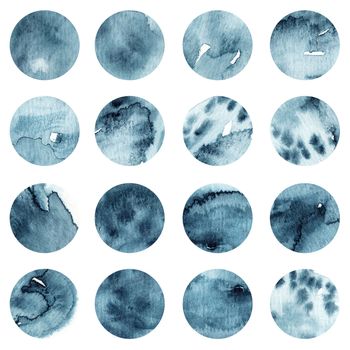 Set of 16 watercolor backgrounds in a circle. Background bubbles. Hand drawing watercolor. Beautiful watercolor stains.