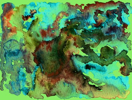 Watercolor abstract textural background handmade. Crumpled paper, leaves, spray