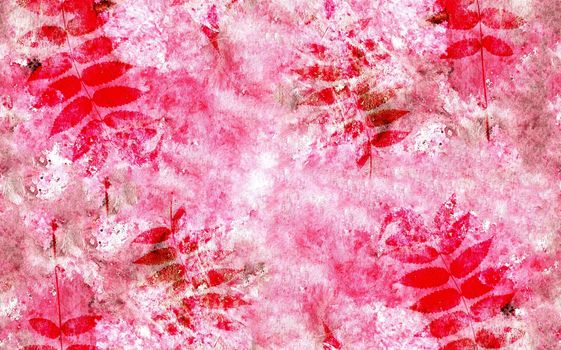 Seamless pattern abstract watercolor background handmade rowan leaves. Mixed media background. Crumpled paper, leaves, spray