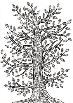 Handmade graphic drawing of a tree with leaves. Wood texture. Sly residents of the tree. It is seen only his eyes