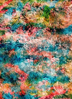 Abstract watercolor background handmade. Mixed media background. Crumpled paper, leaves, spray