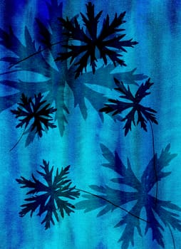 Abstract watercolor background handmade branch plant. Mixed media background. Crumpled paper, leaves, spray