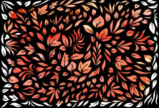 Great background of autumn leaves on a black background. Hand drawing watercolor and ink