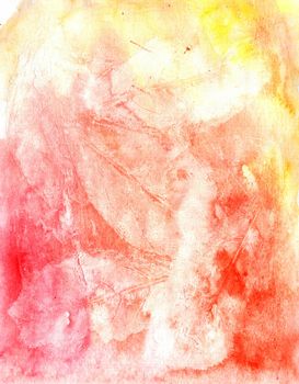 Watercolor abstract textural background handmade. Crumpled paper, leaves, spray