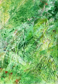 Watercolor abstract textural background handmade. Crumpled paper, leaves, spray