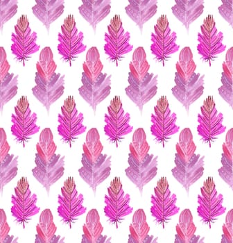 Seamless pattern of pink feathers. Hand drawing watercolor. Two types of feathers. Excellent for fabric design, bed linen.