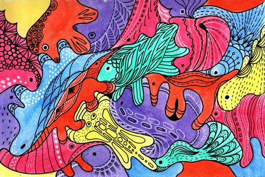 Background of colorful fantastic animals are located close to each other. Hand drawing watercolor. Contours into each other