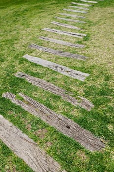 old wood walkway on grass in garden.