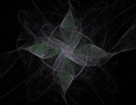 Abstract fractal flower, four petals, on black background, green and gray