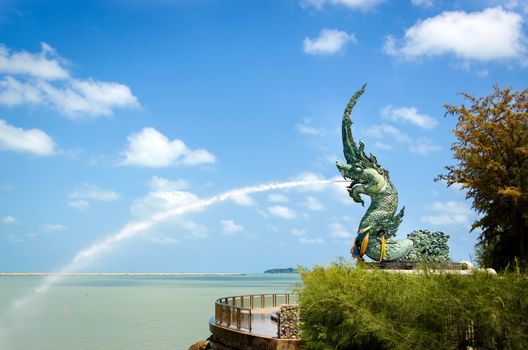 Naga statues  was sprayed Water in Songkhla, Thailand.