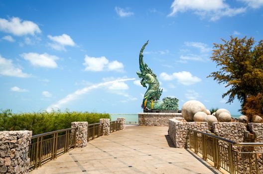 Naga statues  was sprayed Water in Songkhla, Thailand.