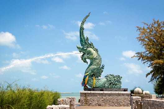 Naga statues  was sprayed Water in Songkhla, Thailand.