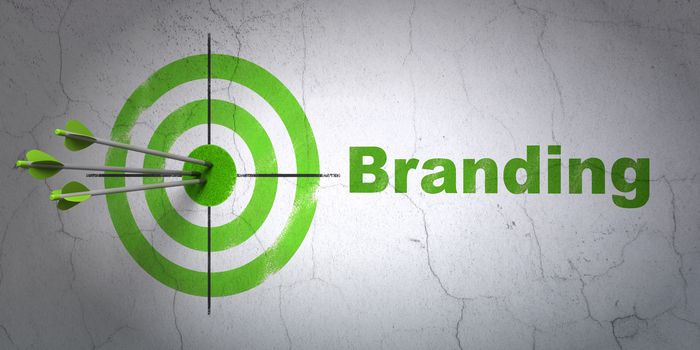 Success marketing concept: arrows hitting the center of target, Green Branding on wall background