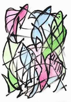 Fish Abstract - abstraction drawing ink and watercolor