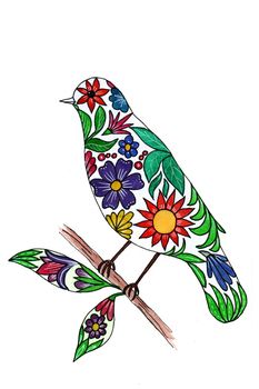 Bird of flowers, hand-drawing watercolor, bright colors