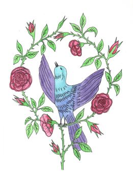 Bird with red roses. Hand drawing watercolor