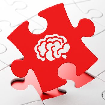 Health concept: Brain on Red puzzle pieces background, 3d render