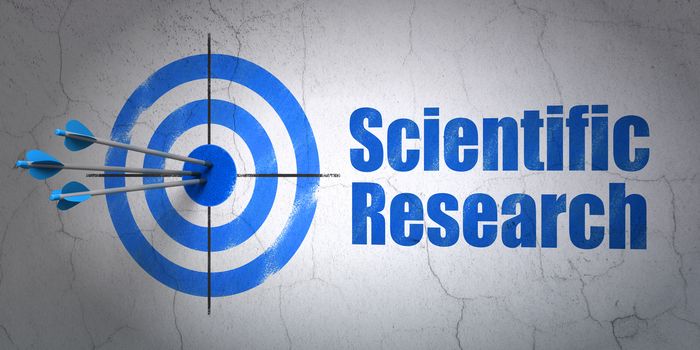 Success Science concept: arrows hitting the center of target, Blue Scientific Research on wall background