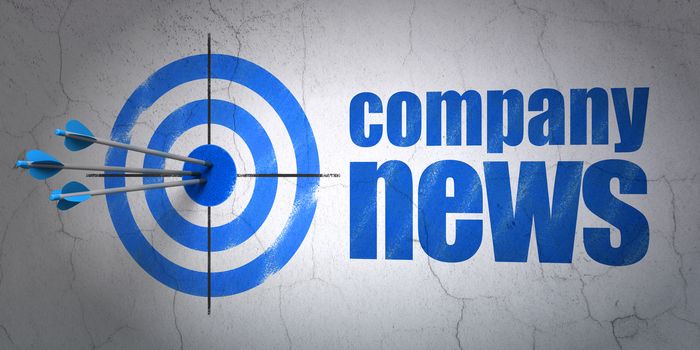 Success news concept: arrows hitting the center of target, Blue Company News on wall background