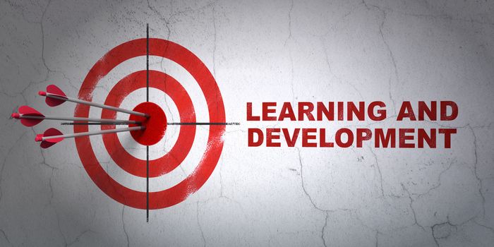 Success Learning concept: arrows hitting the center of target, Red Learning And Development on wall background