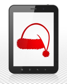 Holiday concept: Tablet Pc Computer with red Christmas Hat icon on display