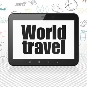 Travel concept: Tablet Computer with  black text World Travel on display,  Hand Drawn Vacation Icons background
