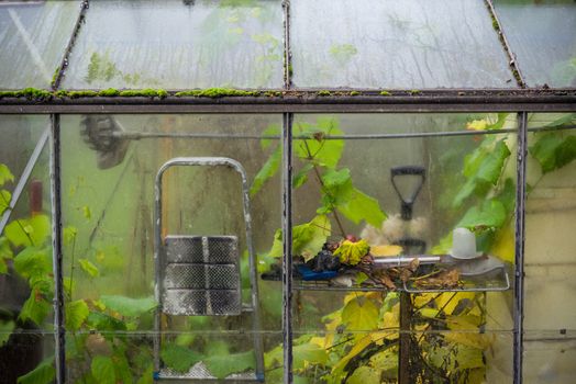 Small greenhouse with tools in the autumn
