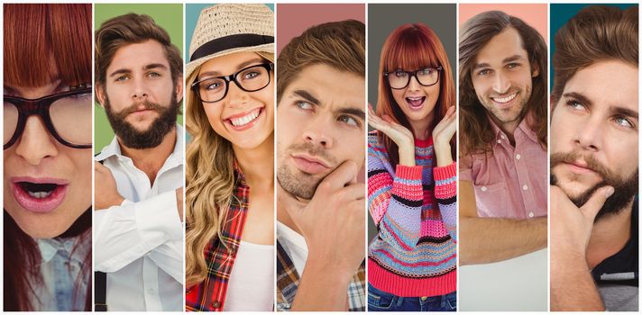 Composite image of smiling hipster woman holding her glasses