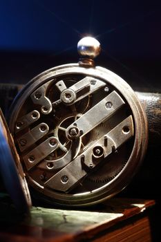 Vintage still life. Closeup of old pocket watch mechanism