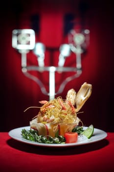 close up view of nice fresh meal on white table cloth