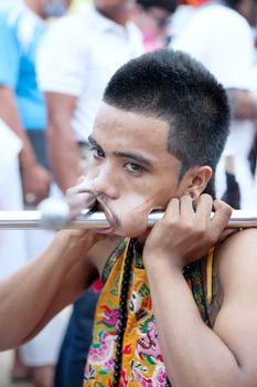 portrait of the member of vegetarian festival in Phuket, Thailand, oct 2015